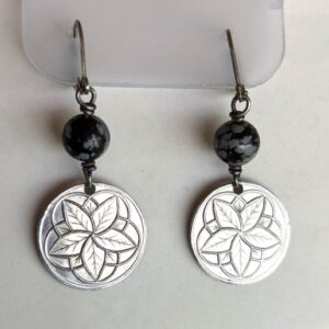 Coin Earrings, Aluminum, Blossom and snowflake obsidian beads