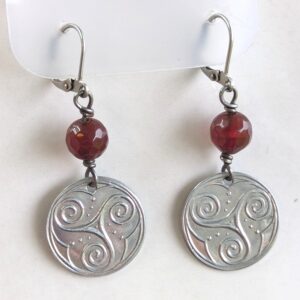 Coin Earrings, Aluminum, Spirals & Whale Tails and carnelian beads