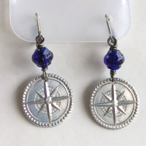 Coin Earrings, Aluminum, Compass rose and cobalt glass beads