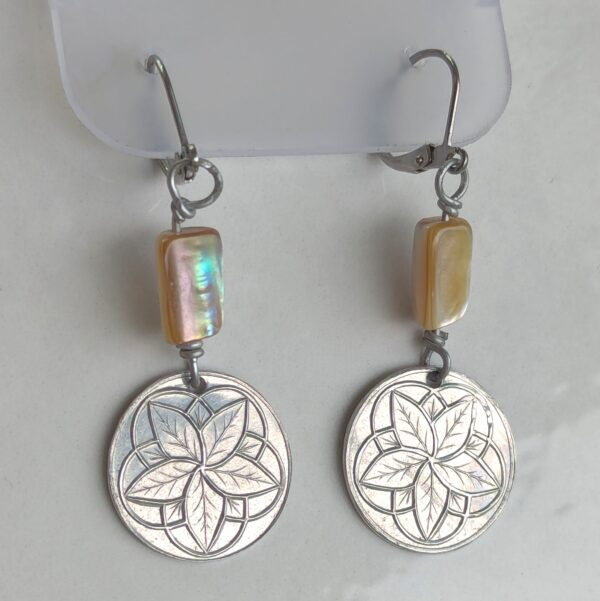 Coin Earrings, Aluminum, Blossom and mother of pearl beads