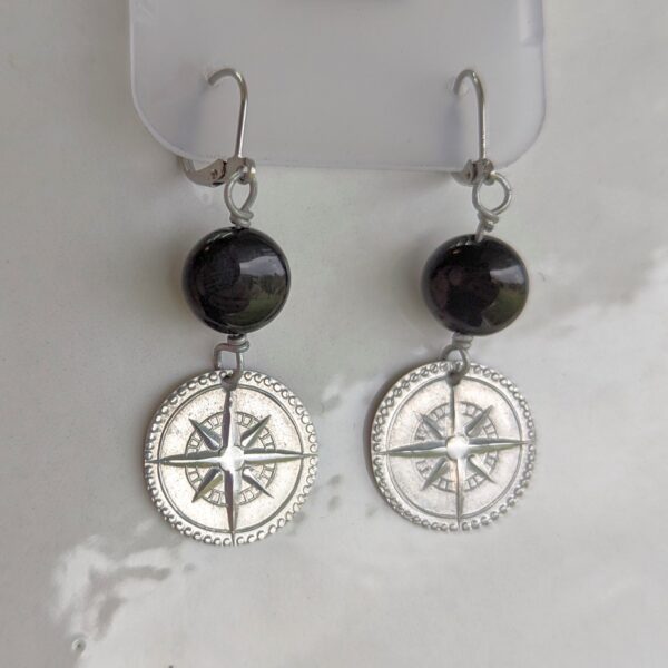 Coin Earrings, Aluminum, Compass rose and rainbow sheen obsidian bead