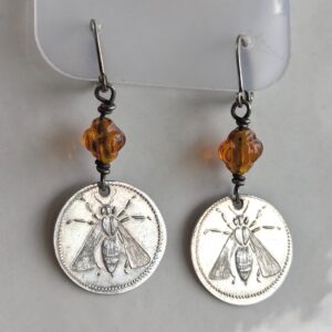 Coin Earrings, Aluminum, Honey Bee & amber glass beads