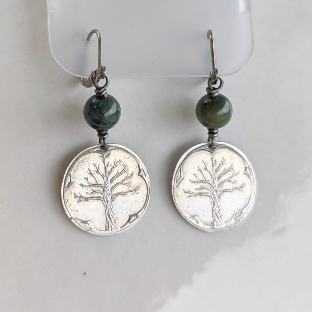 Pear tree and moss agate bead earrings