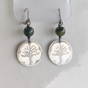 Coin Earrings, Aluminum, Pear tree and moss agate beads