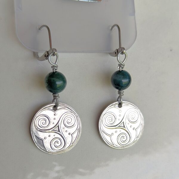 Coin Earrings, Aluminum, Spiral & Whale Tails and moss agate beads