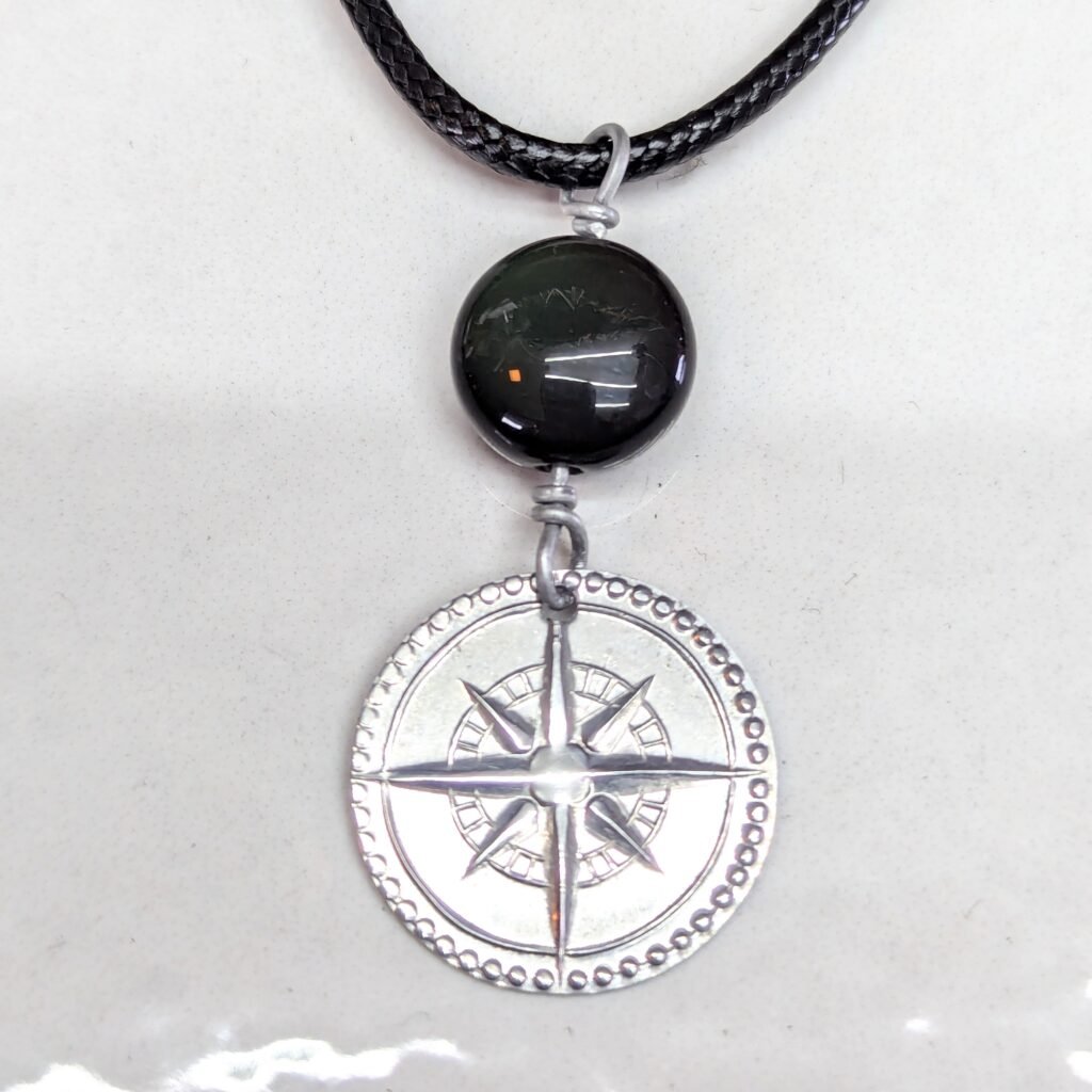 Compass Rose with rainbow obsidian bead, Aluminum, Coin Pendant.