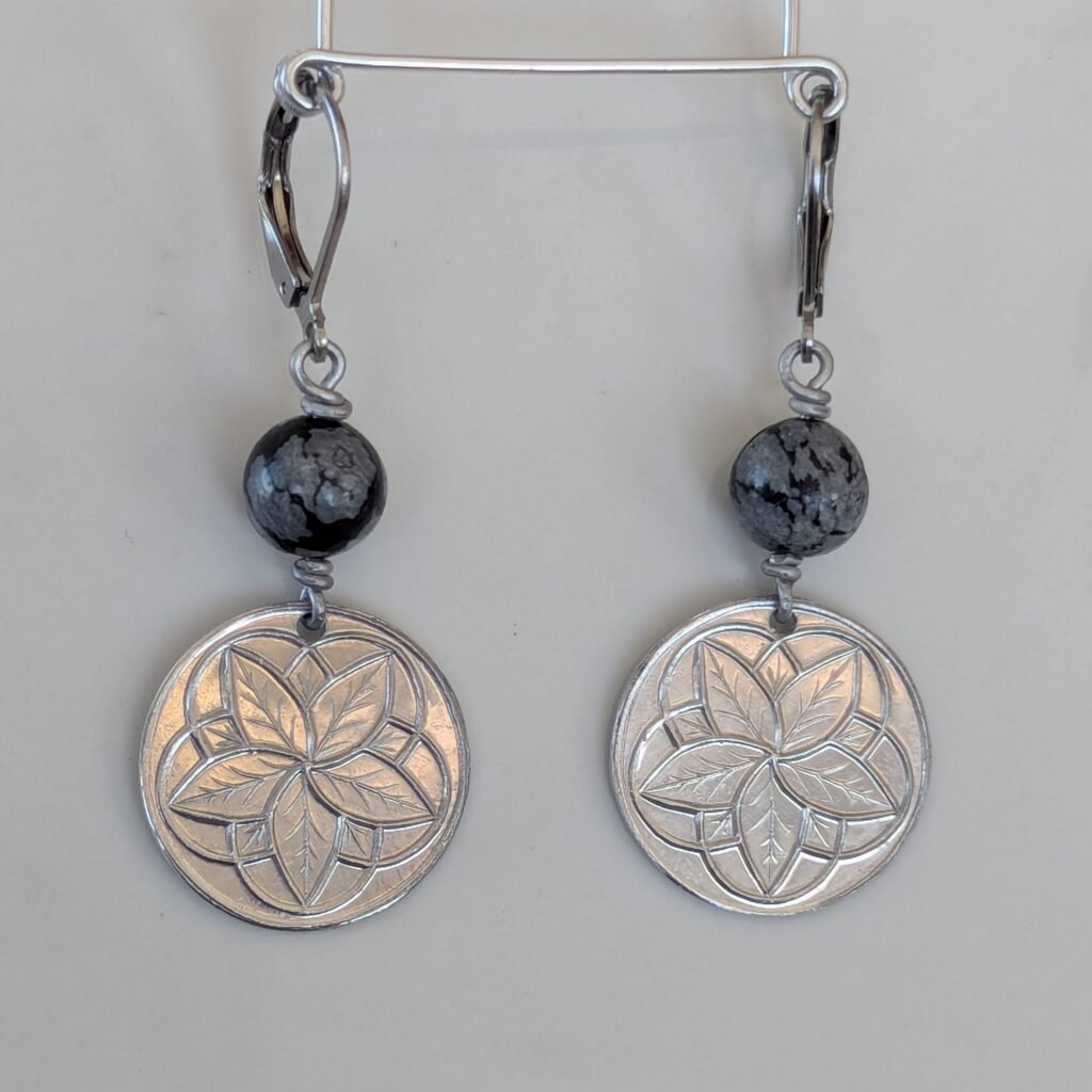 Star Flower and snowflake obsidian bead earrings