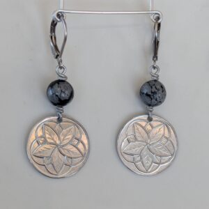 Star Flower and snowflake obsidian bead earrings