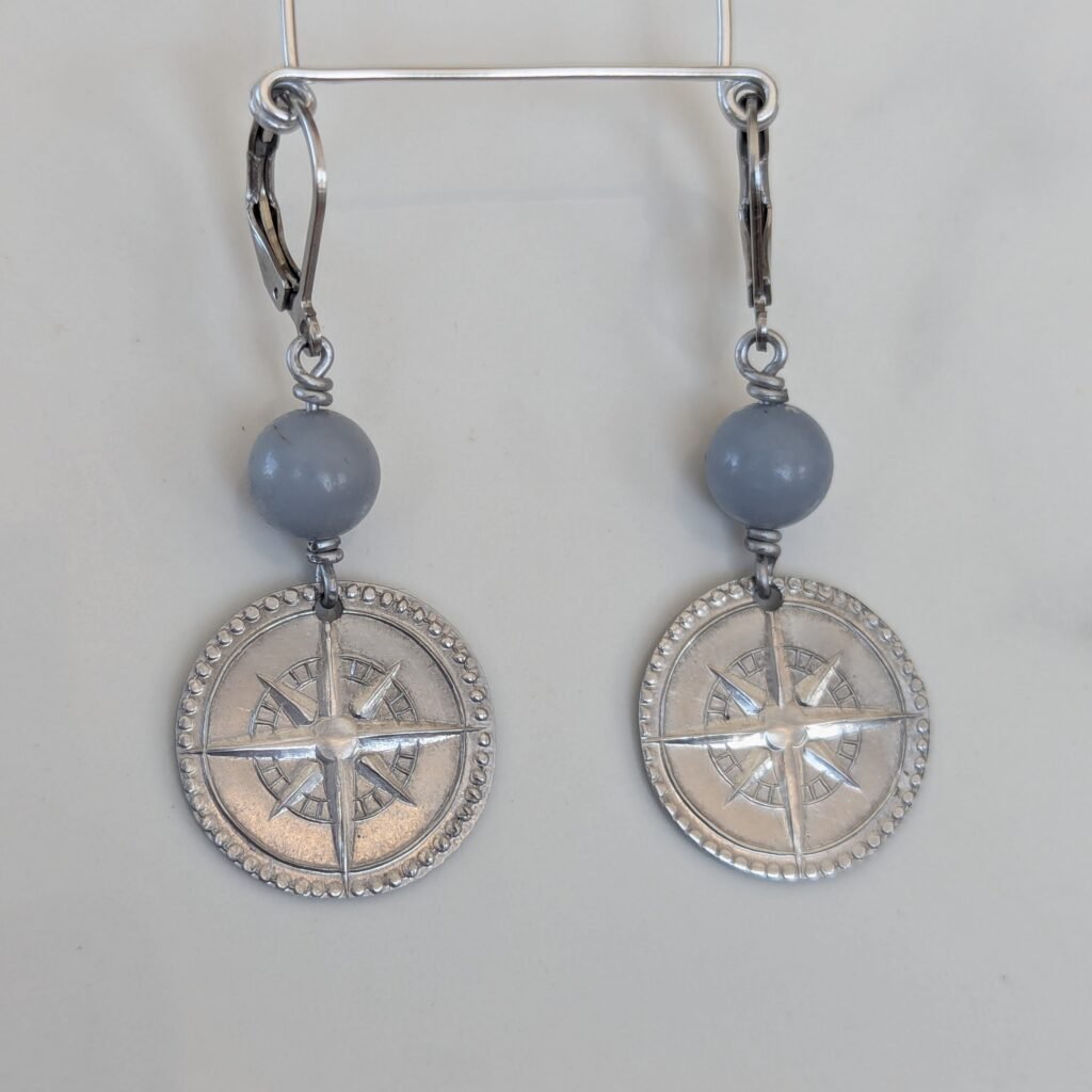 Compass rose and chalcedony bead earrings