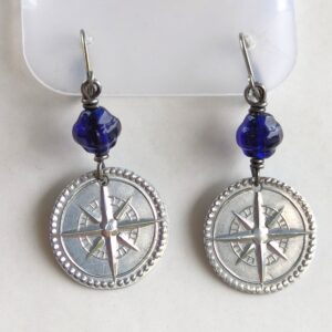 Compass rose and cobalt glass bead earrings