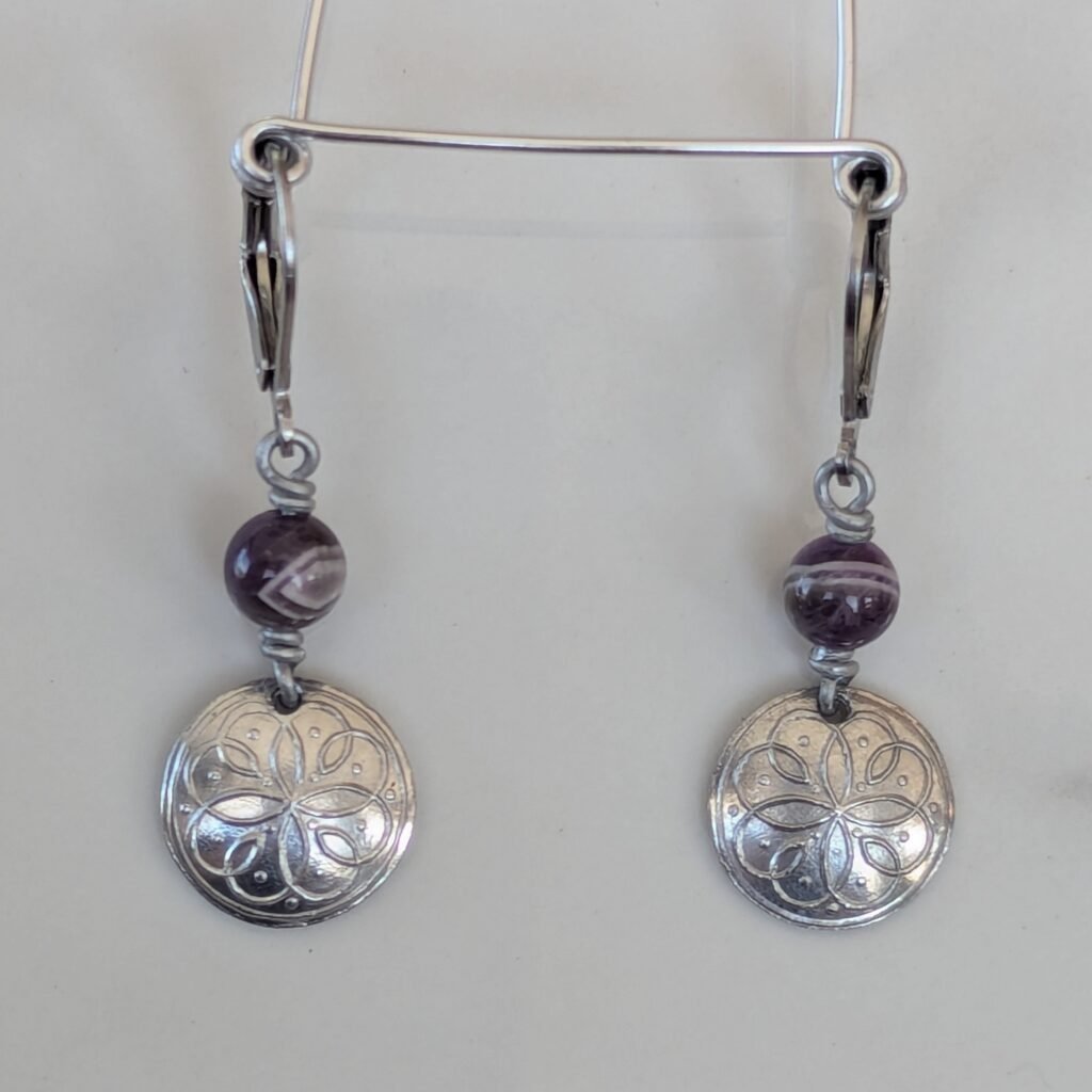 Heart double curl and amethyst bead earrings