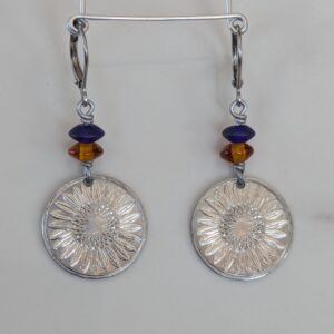 Sunflower with amber and cobalt glass bead earrings